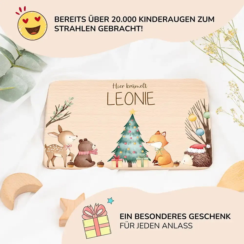Frühstücksbrettchen Weihnachten Waldtiere um den Weihnachtsbaum - Geschenk Weihnachten