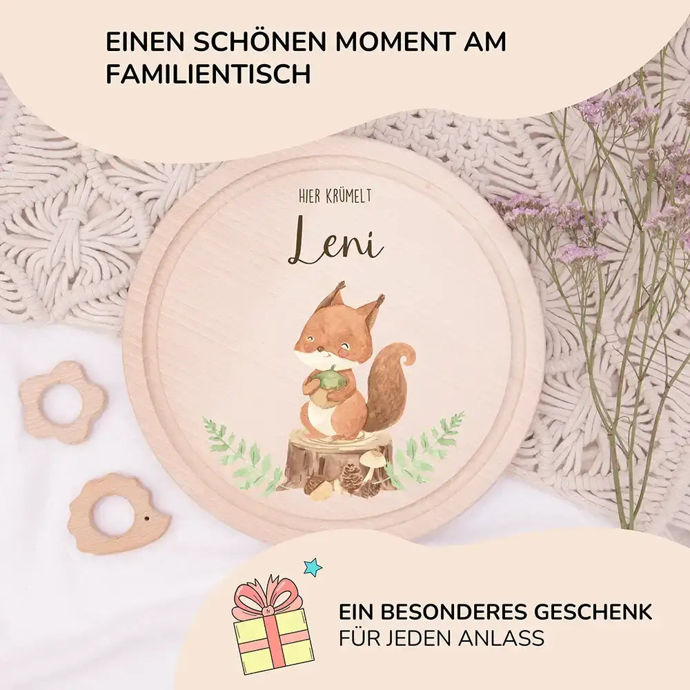 Rundes personalisiertes Frühstücksbrettchen Eichhörnchen mit Namen für Kinder