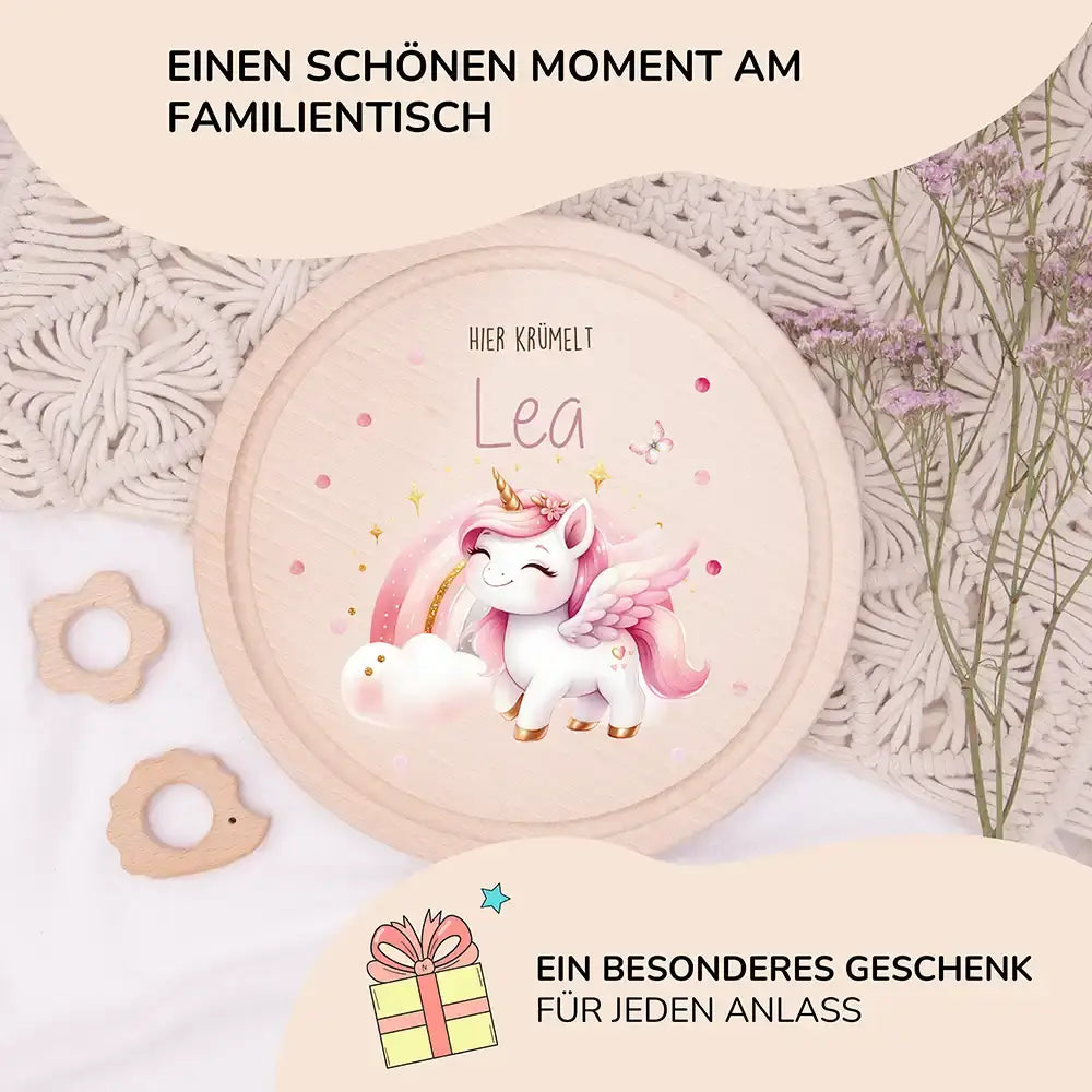Rundes personalisiertes Frühstücksbrettchen Einhorn mit Namen für Kinder