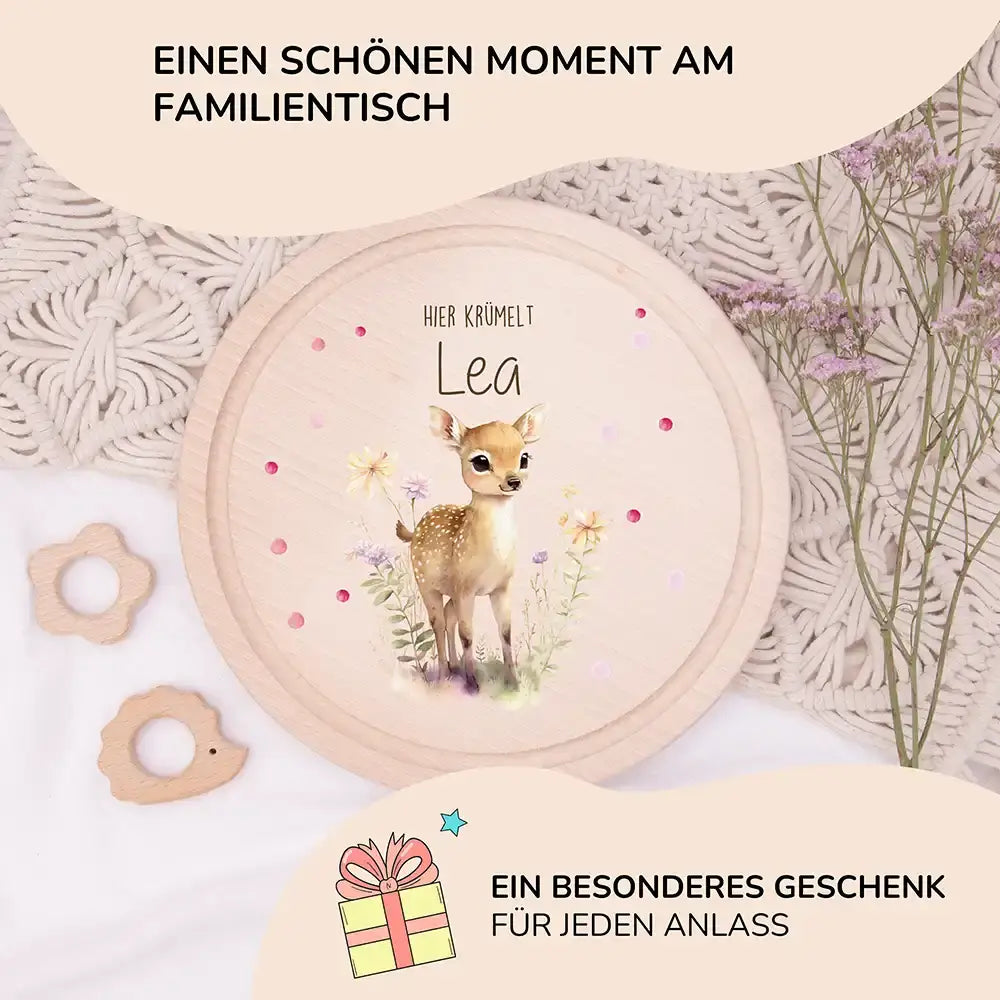 Rundes personalisiertes Frühstücksbrettchen Reh mit Namen für Kinder
