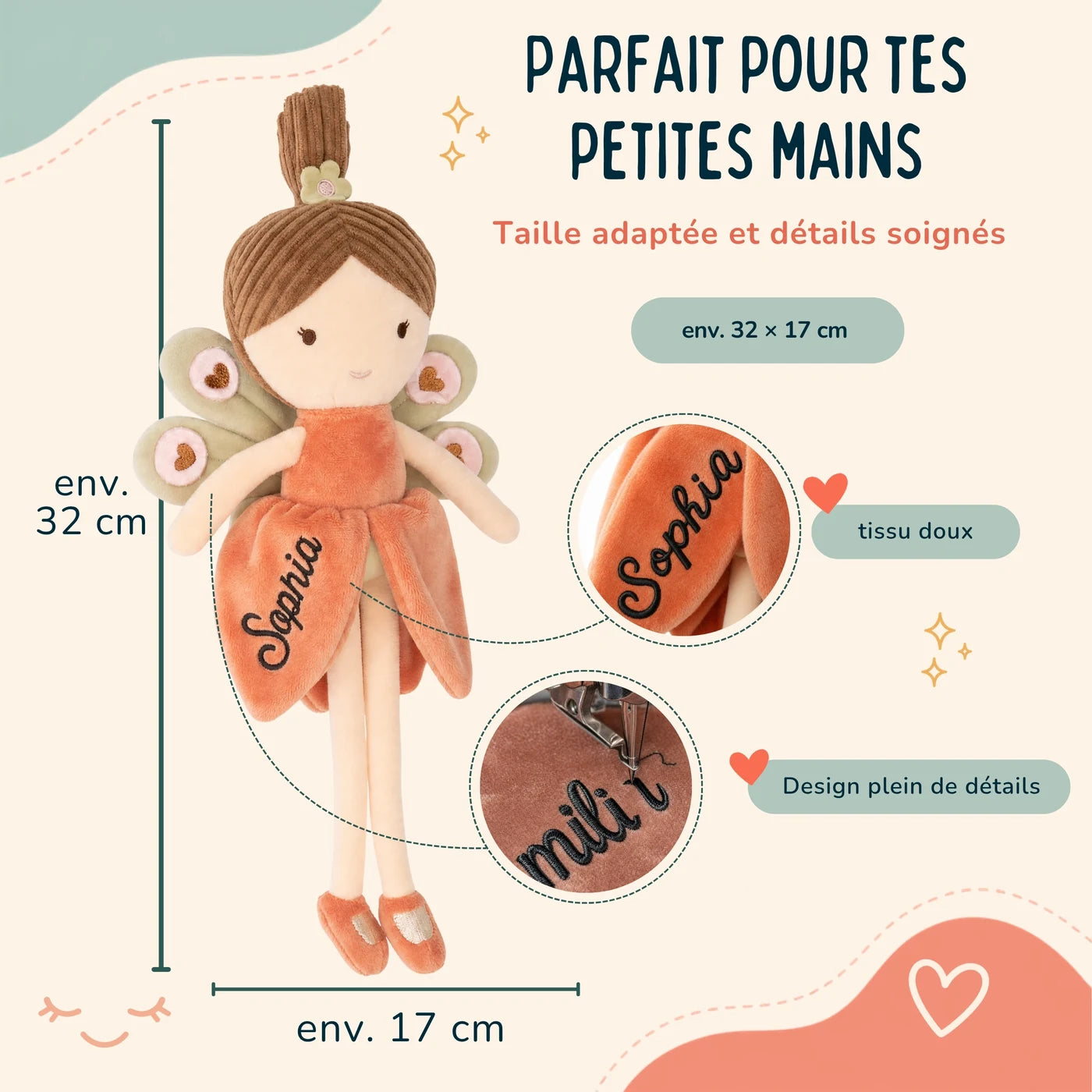 Peluche fée Jollein d'environ 32 × 17 cm, coloris Corail — Kidsmood
