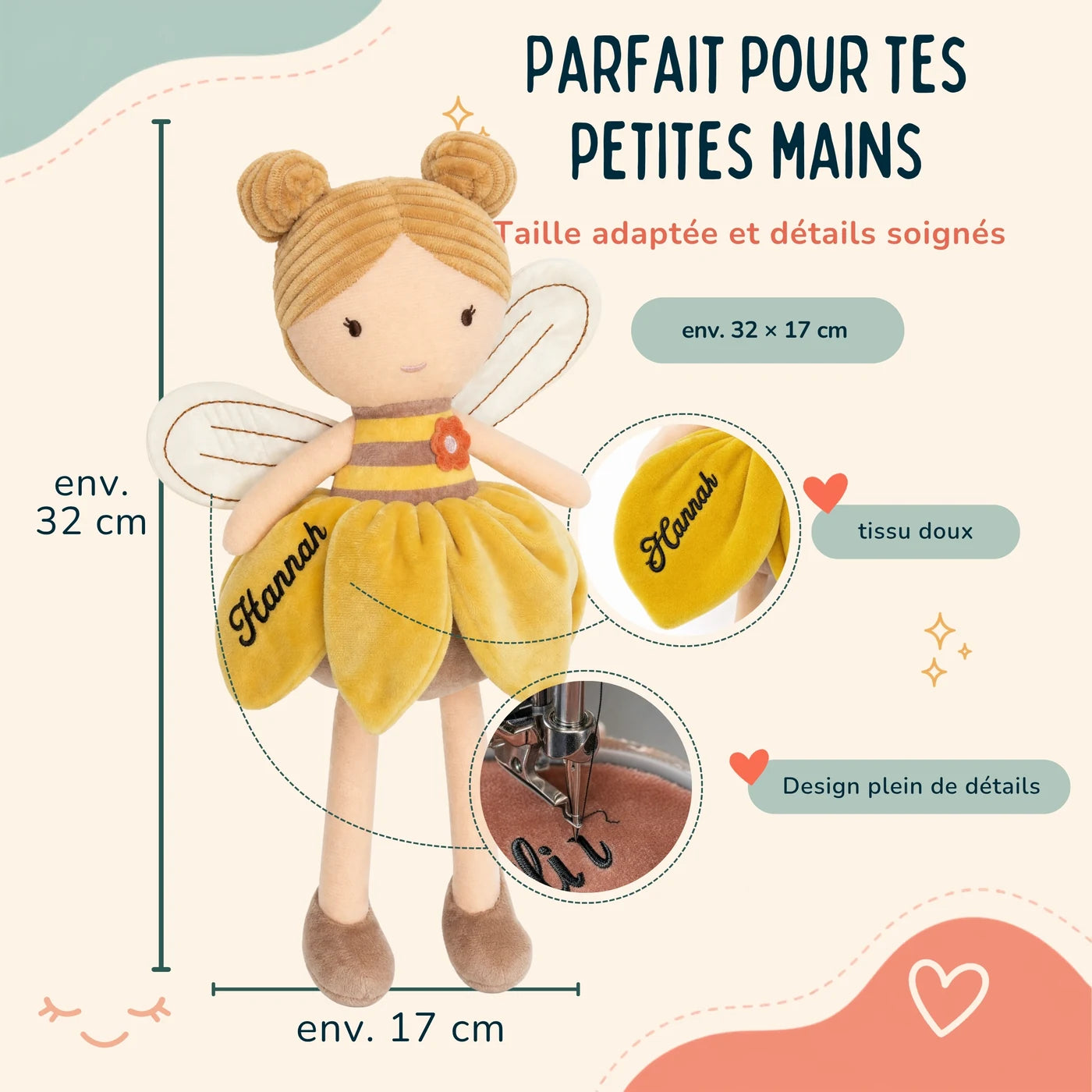 Peluche fée Jollein d'environ 32 × 17 cm, coloris Miel — Kidsmood