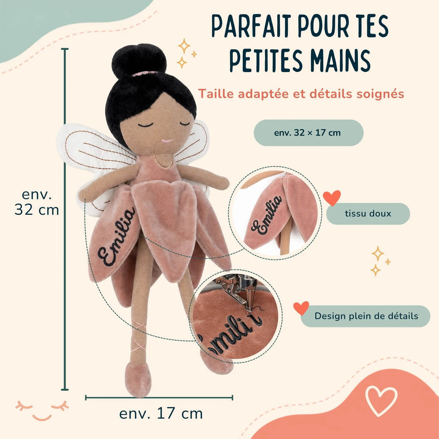Peluche fée Jollein d'environ 32 × 17 cm, coloris Rosé — Kidsmood