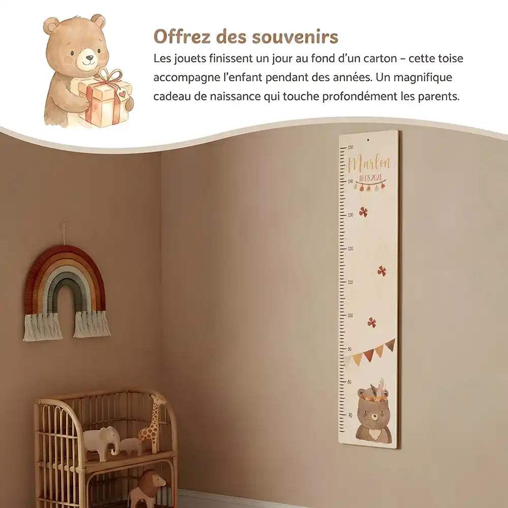 Toise enfant personnalisée Ours boho – idée cadeau de naissance ou de baptême