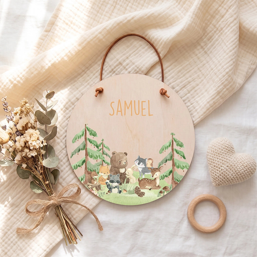 Plaque de porte personnalisée, motif Amis de la forêt — Vue de détail à plat | Kidsmood