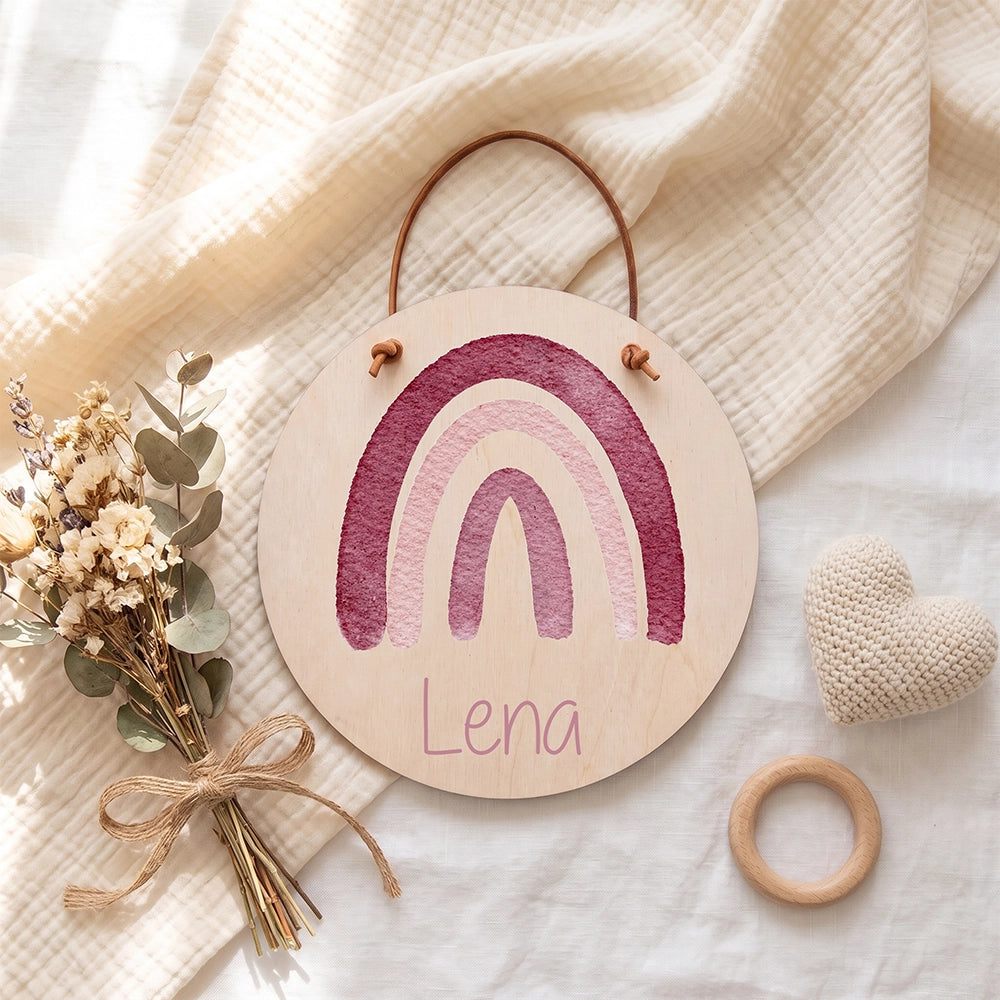 Plaque de porte personnalisée, motif Arc-en-ciel — Vue de détail à plat | Kidsmood