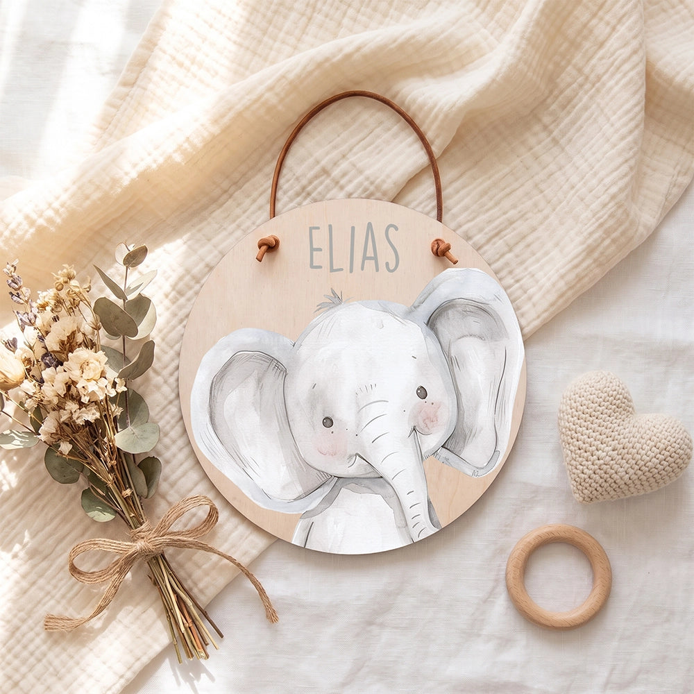 Plaque de porte personnalisée, motif Éléphant câlin — Vue de détail à plat | Kidsmood