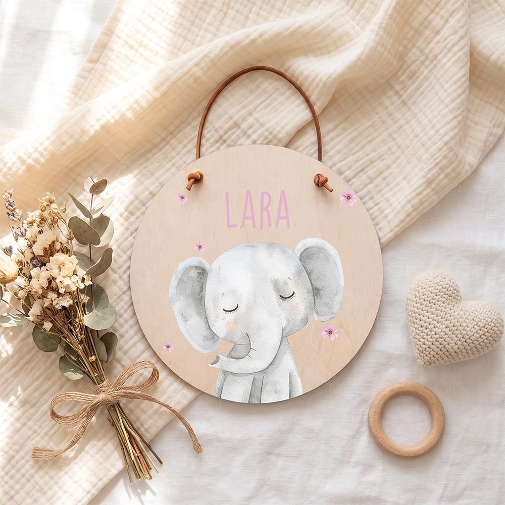 Plaque de porte personnalisée, motif Éléphant et fleurs — Vue de détail à plat | Kidsmood
