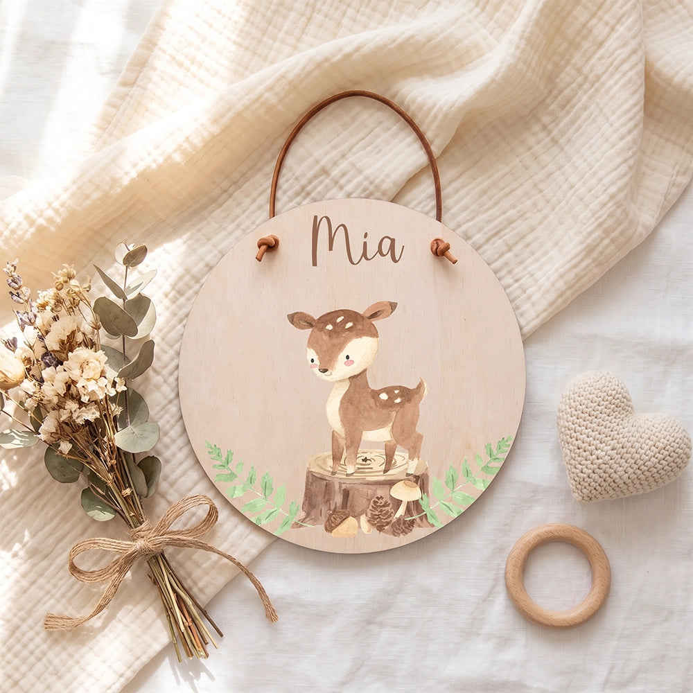 Plaque de porte personnalisée, motif Faon des bois — Vue de détail à plat | Kidsmood