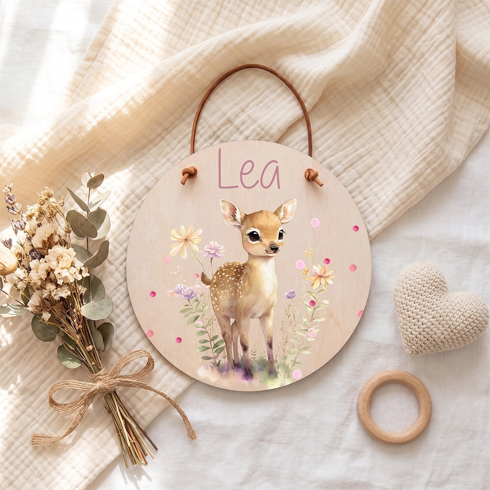 Plaque de porte personnalisée, motif Faon des prés — Vue de détail à plat | Kidsmood