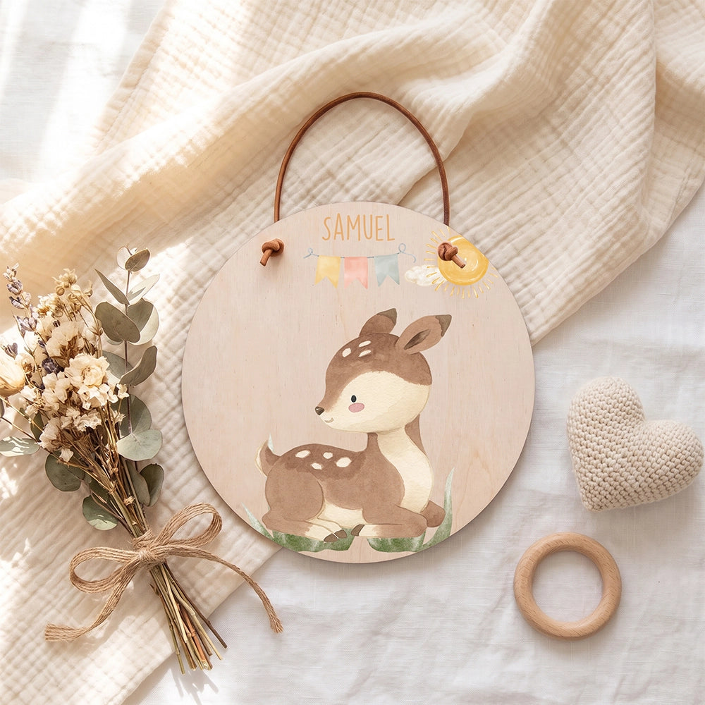 Plaque de porte personnalisée, motif Faon et fanions — Vue de détail à plat | Kidsmood