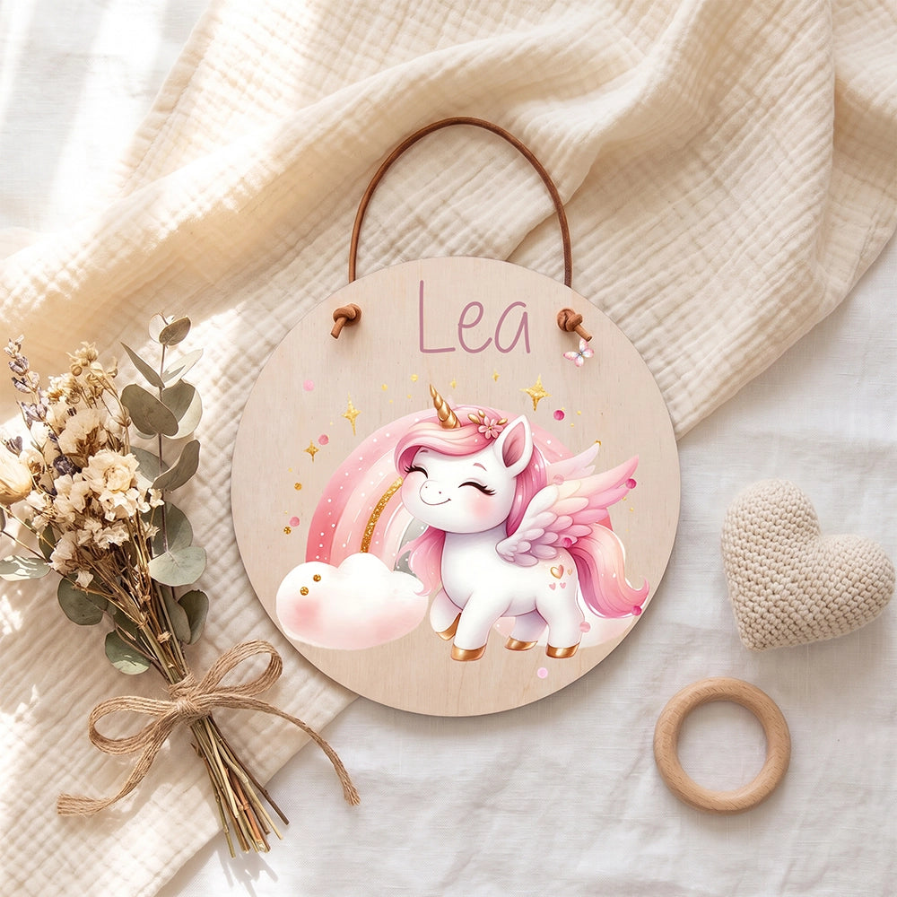 Plaque de porte personnalisée, motif Licorne arc-en-ciel — Vue de détail à plat | Kidsmood