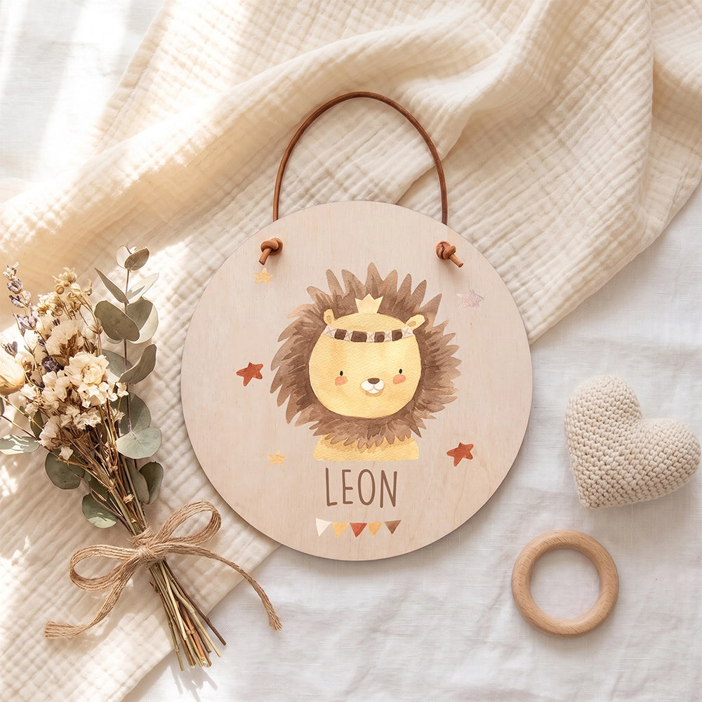 Plaque de porte personnalisée, motif Lion couronné — Vue de détail à plat | Kidsmood