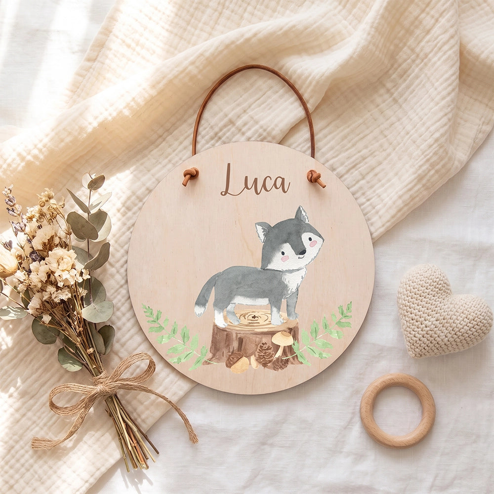 Plaque de porte personnalisée, motif Loup des bois — Vue de détail à plat | Kidsmood