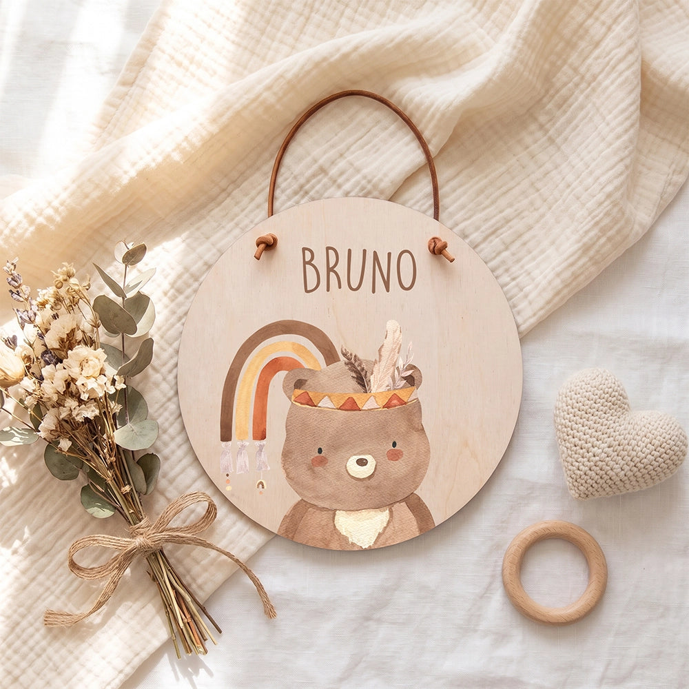 Plaque de porte personnalisée, motif Ours bohème — Vue de détail à plat | Kidsmood