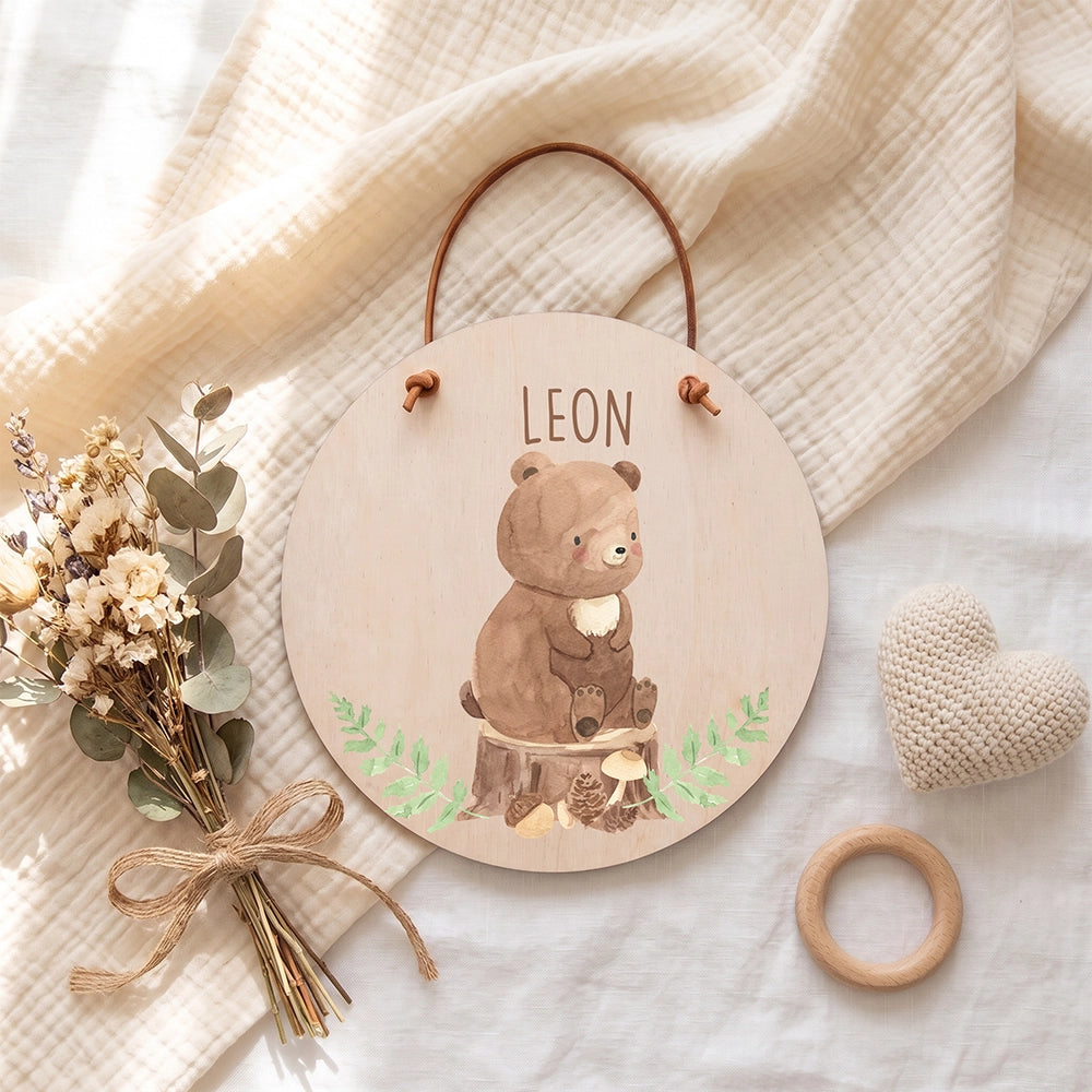 Plaque de porte personnalisée, motif Ours des bois — Vue de détail à plat | Kidsmood