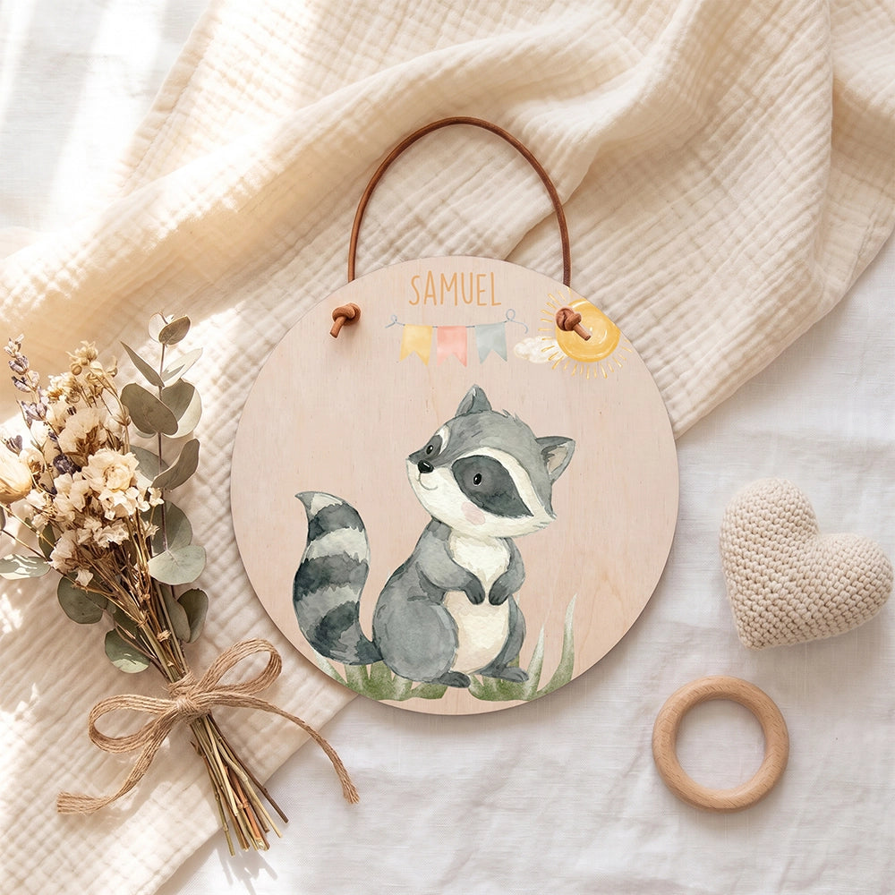 Plaque de porte personnalisée, motif Raton et fanions — Vue de détail à plat | Kidsmood