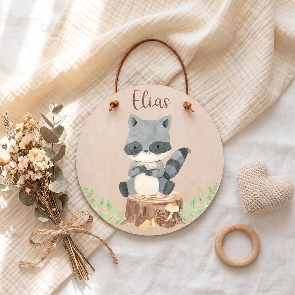 Plaque de porte personnalisée, motif Raton laveur — Vue de détail à plat | Kidsmood