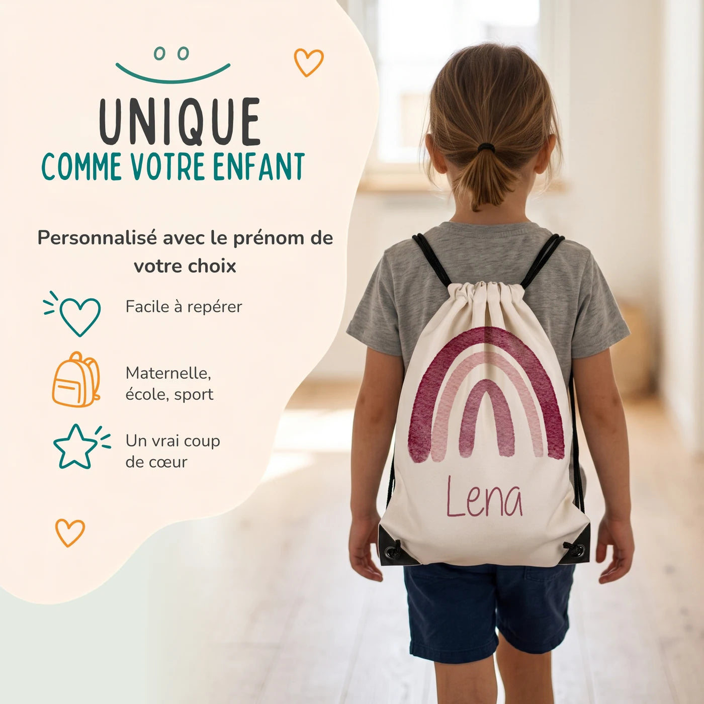 Enfant portant son sac de sport personnalisé sur le dos, motif arc-en-ciel — Kidsmood