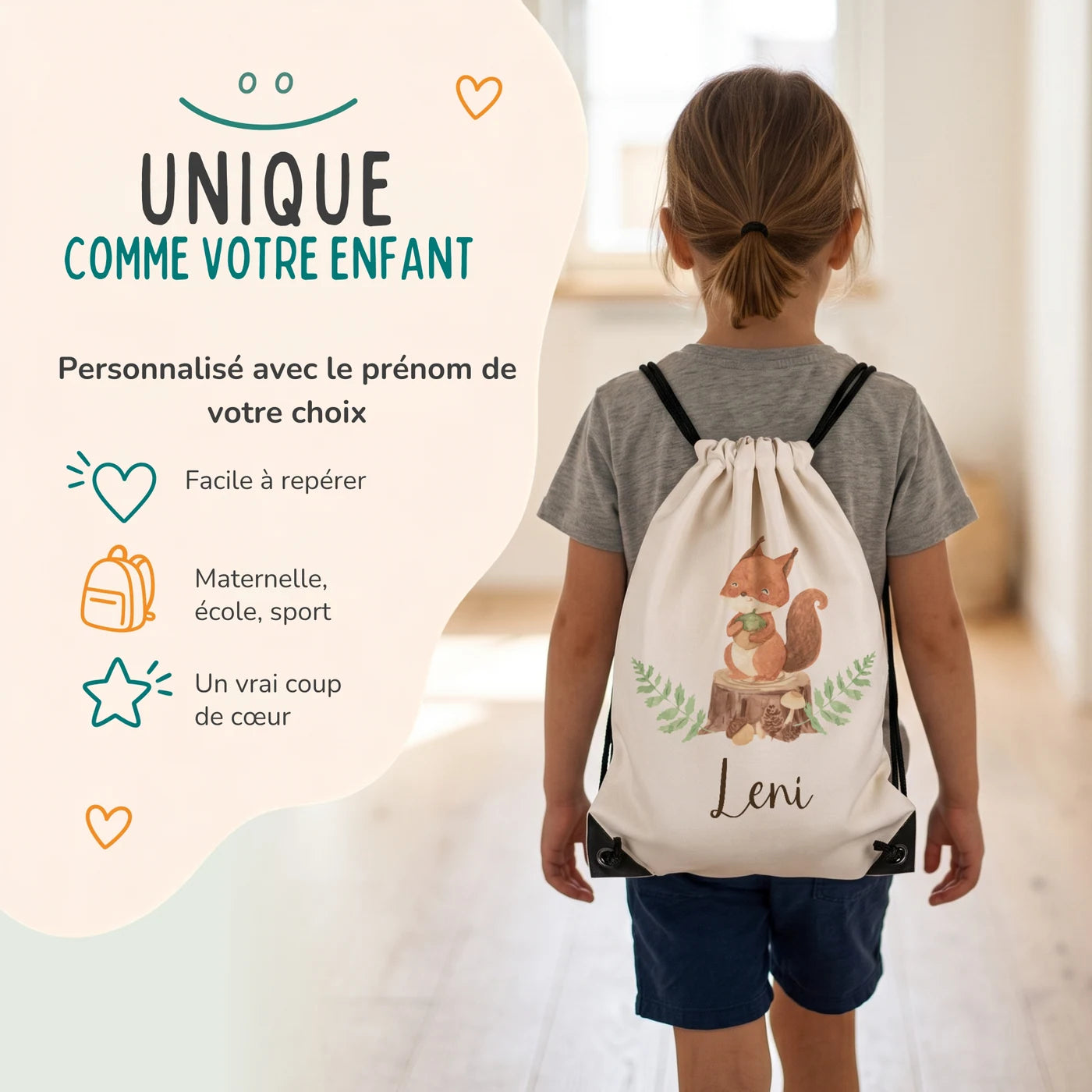 Enfant portant son sac de sport personnalisé sur le dos, motif écureuil — Kidsmood