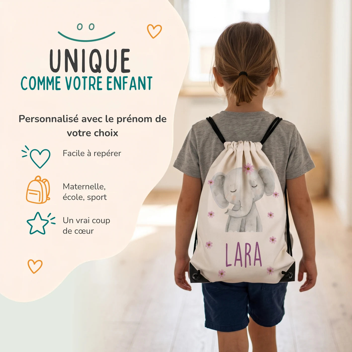 Enfant portant son sac de sport personnalisé sur le dos, motif éléphant fleuri — Kidsmood