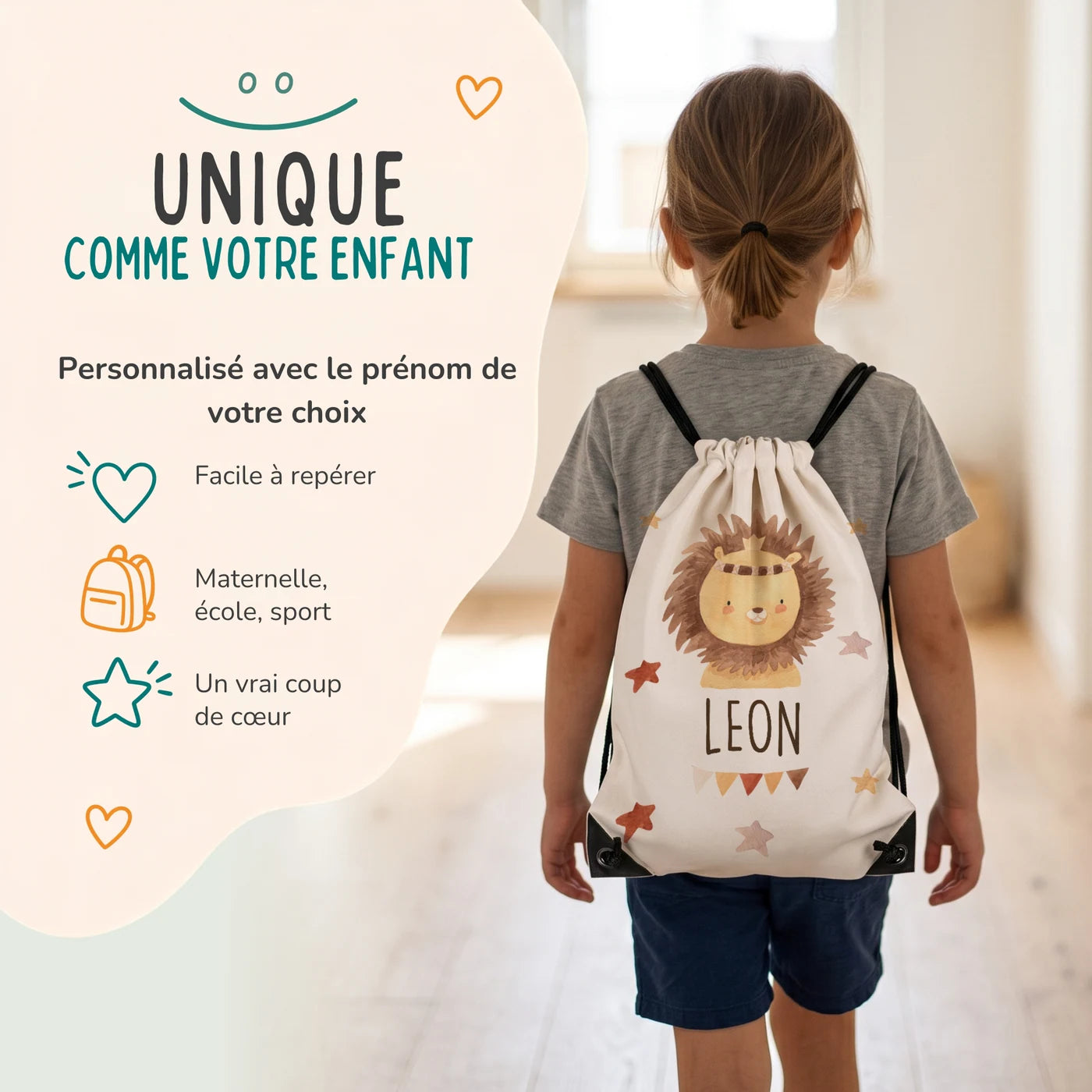 Enfant portant son sac de sport personnalisé sur le dos, motif lion bohème — Kidsmood