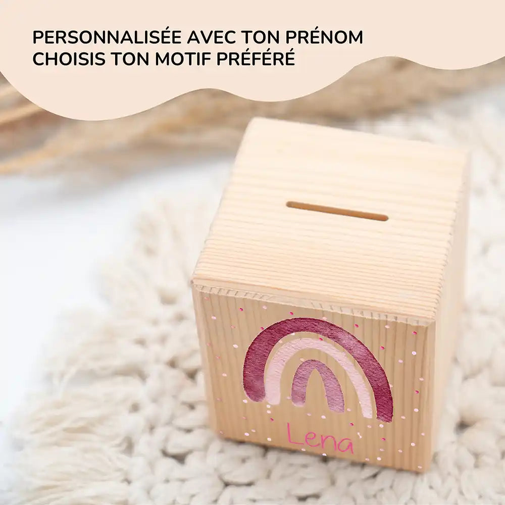 Tirelire en bois pour enfant, prénom et motif arc-en-ciel au choix — Kidsmood