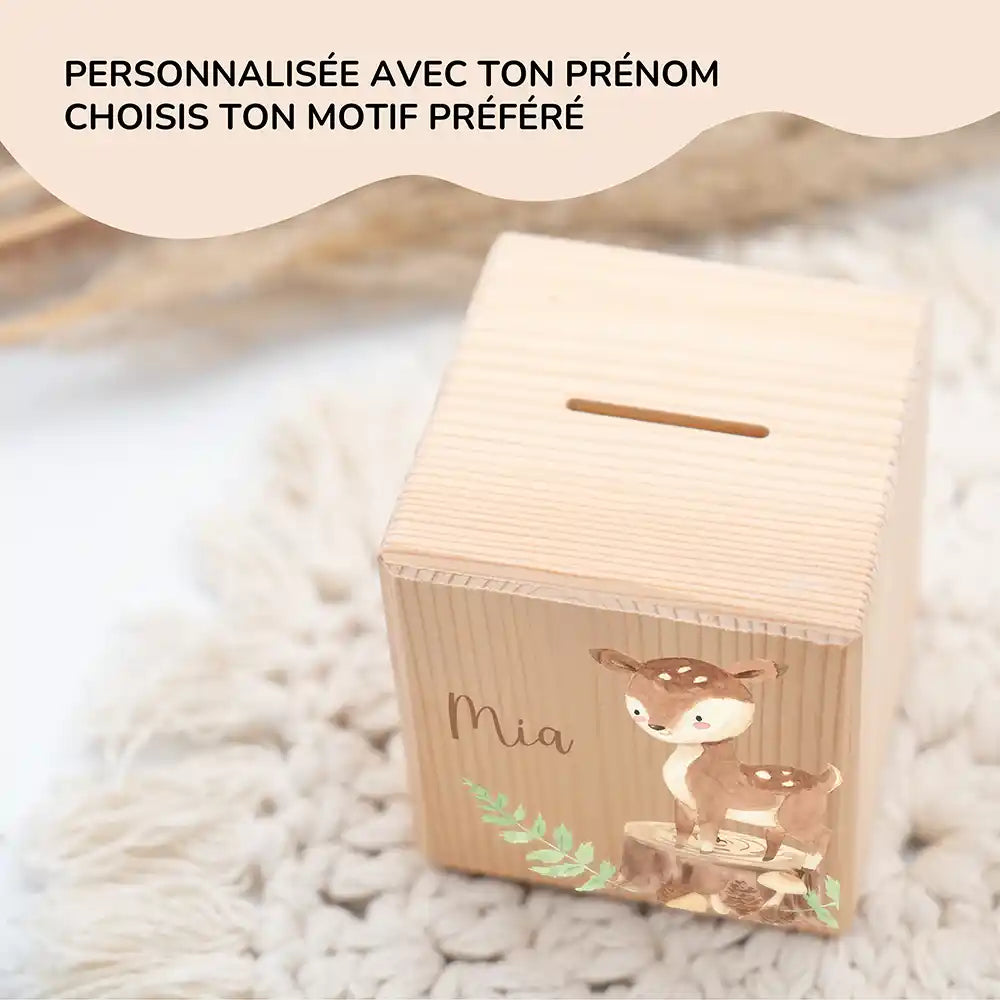 Tirelire en bois pour enfant, prénom et motif biche et faon au choix — Kidsmood