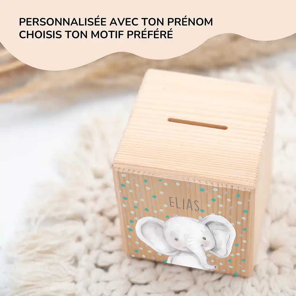 Tirelire en bois pour enfant, prénom et motif éléphant confettis au choix — Kidsmood