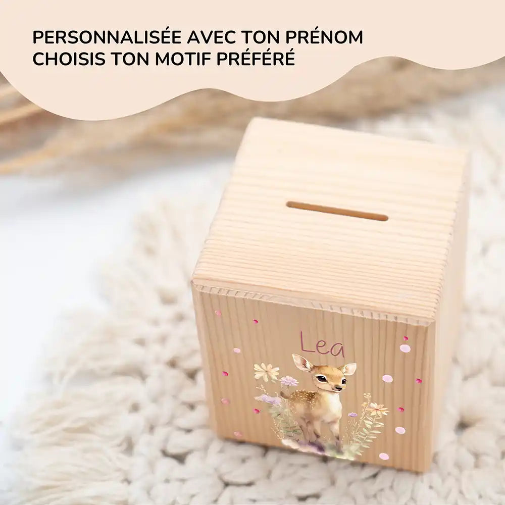 Tirelire en bois pour enfant, prénom et motif faon des prés au choix — Kidsmood