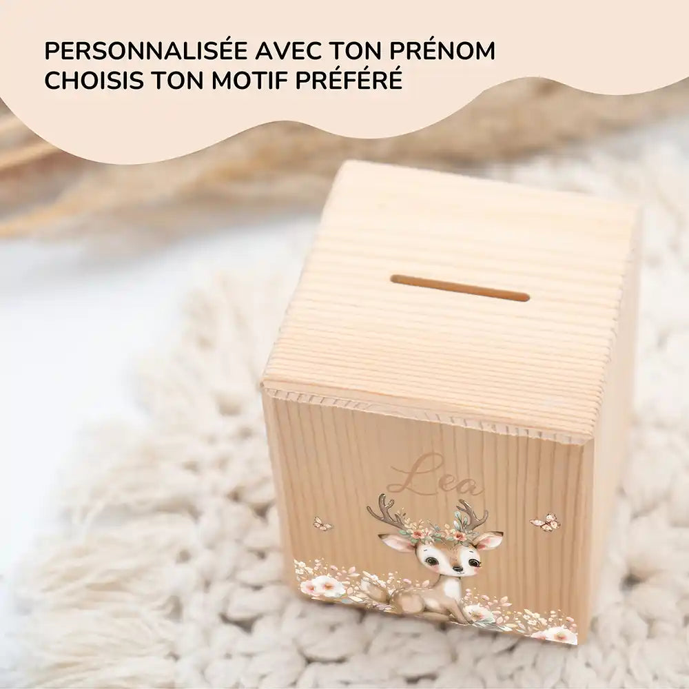 Tirelire en bois pour enfant, prénom et motif faon et papillons au choix — Kidsmood