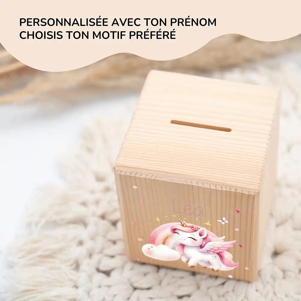Tirelire en bois pour enfant, prénom et motif licorne au choix — Kidsmood
