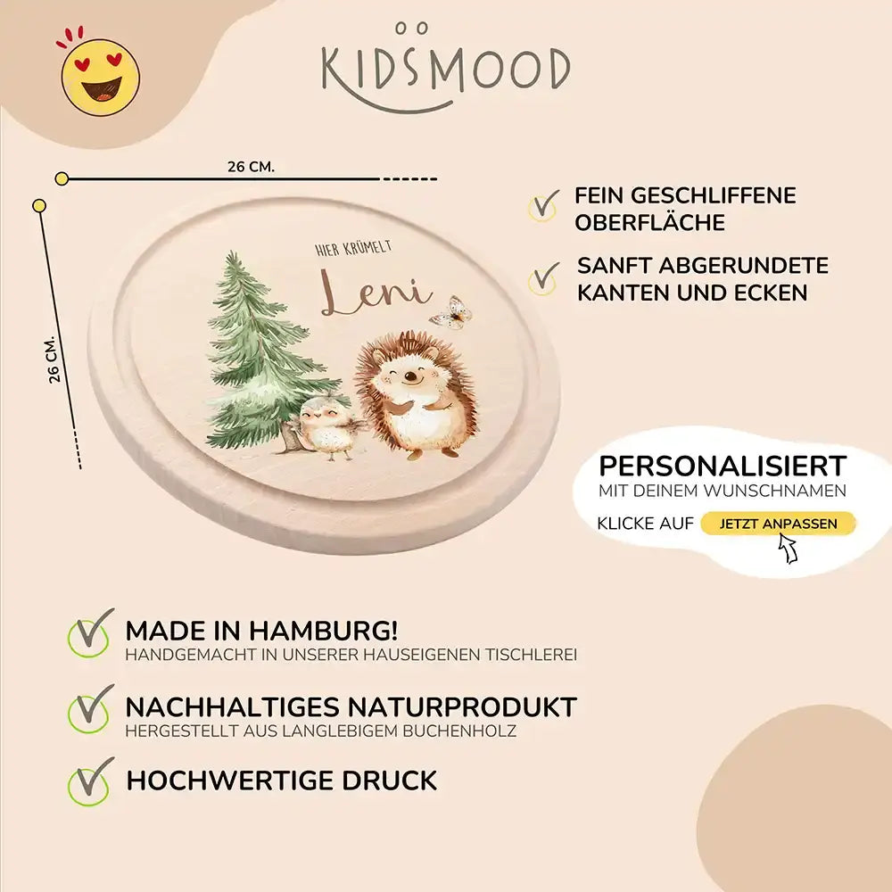 Rundes personalisiertes Frühstücksbrettchen Igel mit Namen für Kinder