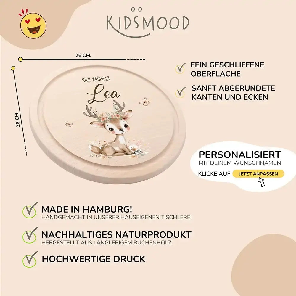Rundes personalisiertes Frühstücksbrettchen Reh im Wald mit Namen für Kinder
