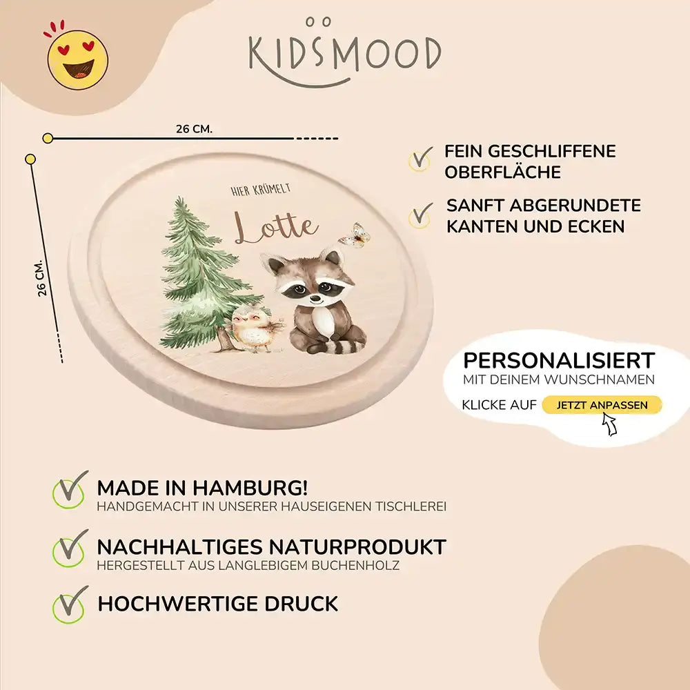 Rundes personalisiertes Frühstücksbrettchen Waschbär und Vogel mit Namen für Kinder