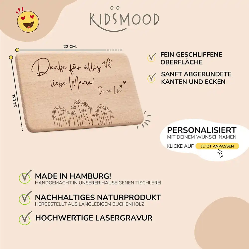 Frühstücksbrettchen Holz Holz Mama aus Holz mit Gravur Danke für alles - Muttertag Geschenk