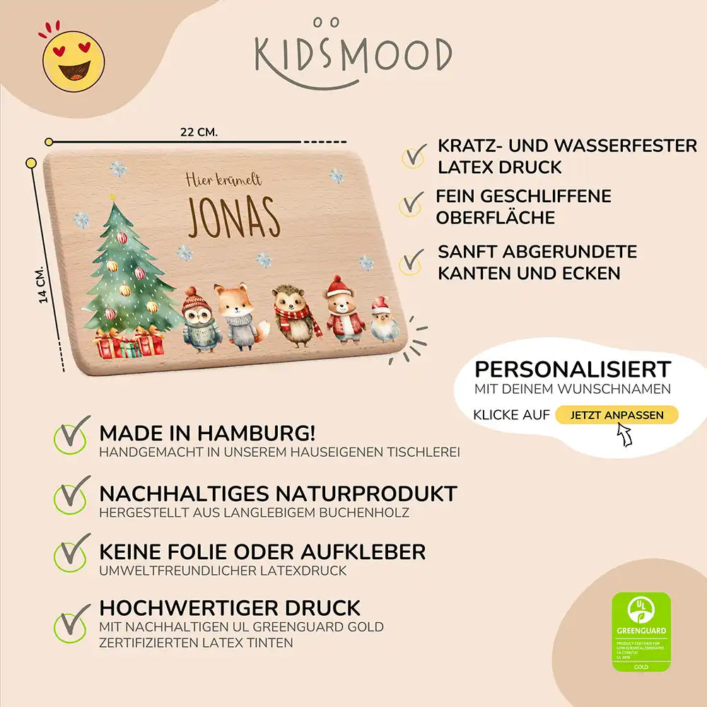 Frühstücksbrettchen Weihnachten mit Tierfreunden - Geschenk Weihnachten