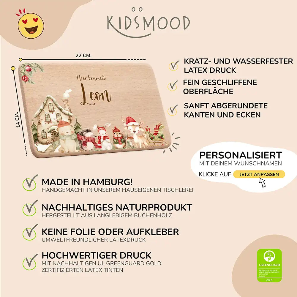Frühstücksbrettchen Weihnachten Winterdorf mit Tieren - Geschenk Weihnachten