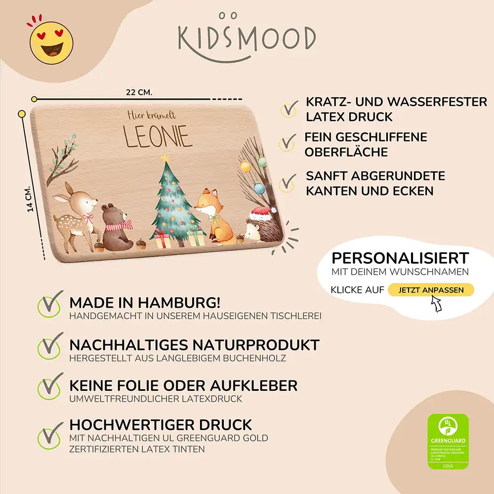 Frühstücksbrettchen Weihnachten Waldtiere um den Weihnachtsbaum - Geschenk Weihnachten