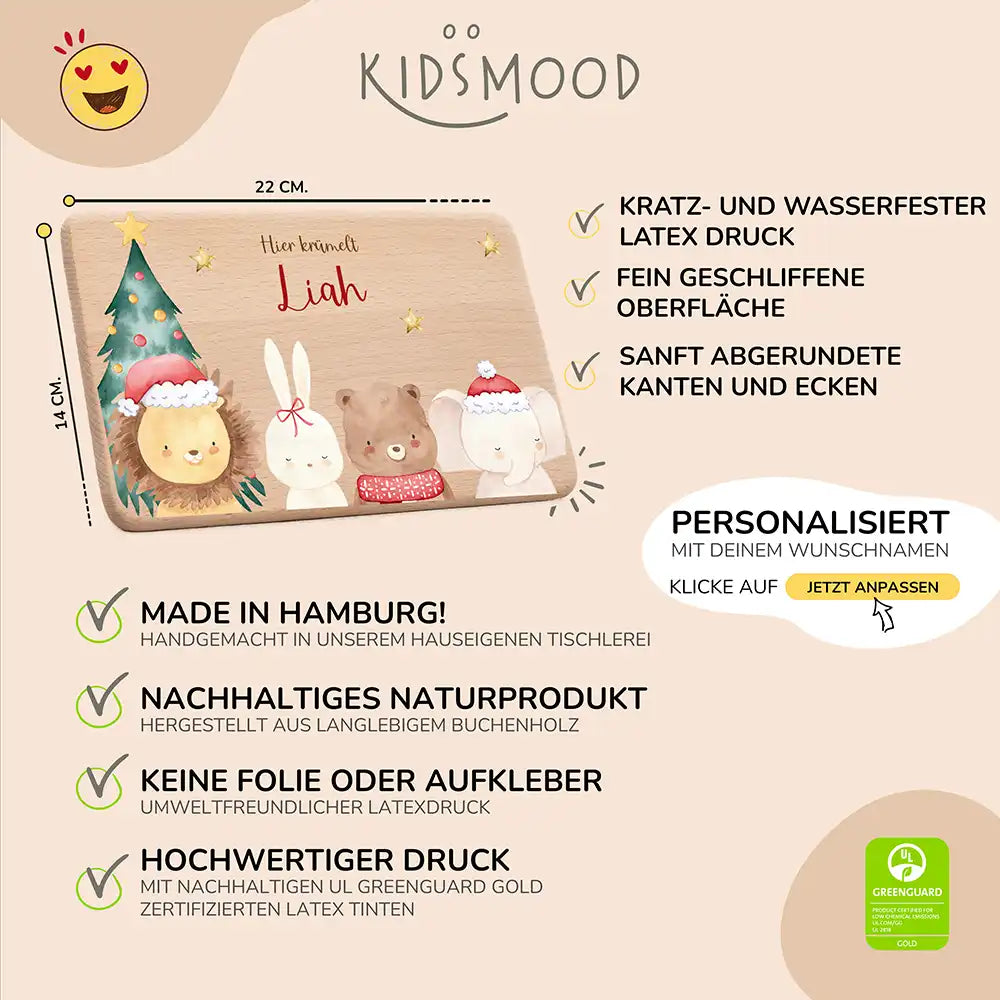 Frühstücksbrettchen Weihnachten mit weihnachtlichem Tiertrio - Geschenk Weihnachten