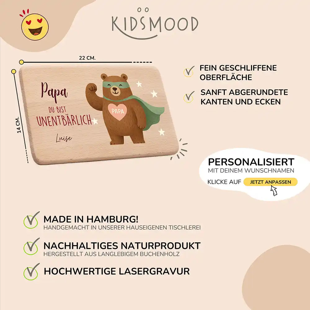 Frühstücksbrettchen Holz Du bist unentbärlich mit Gravur - Geschenk Vatertag