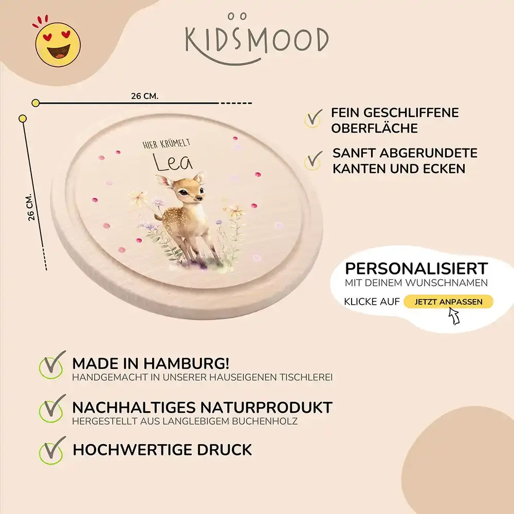 Rundes personalisiertes Frühstücksbrettchen Reh mit Namen für Kinder
