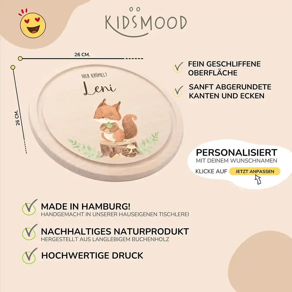 Rundes personalisiertes Frühstücksbrettchen Eichhörnchen mit Namen für Kinder