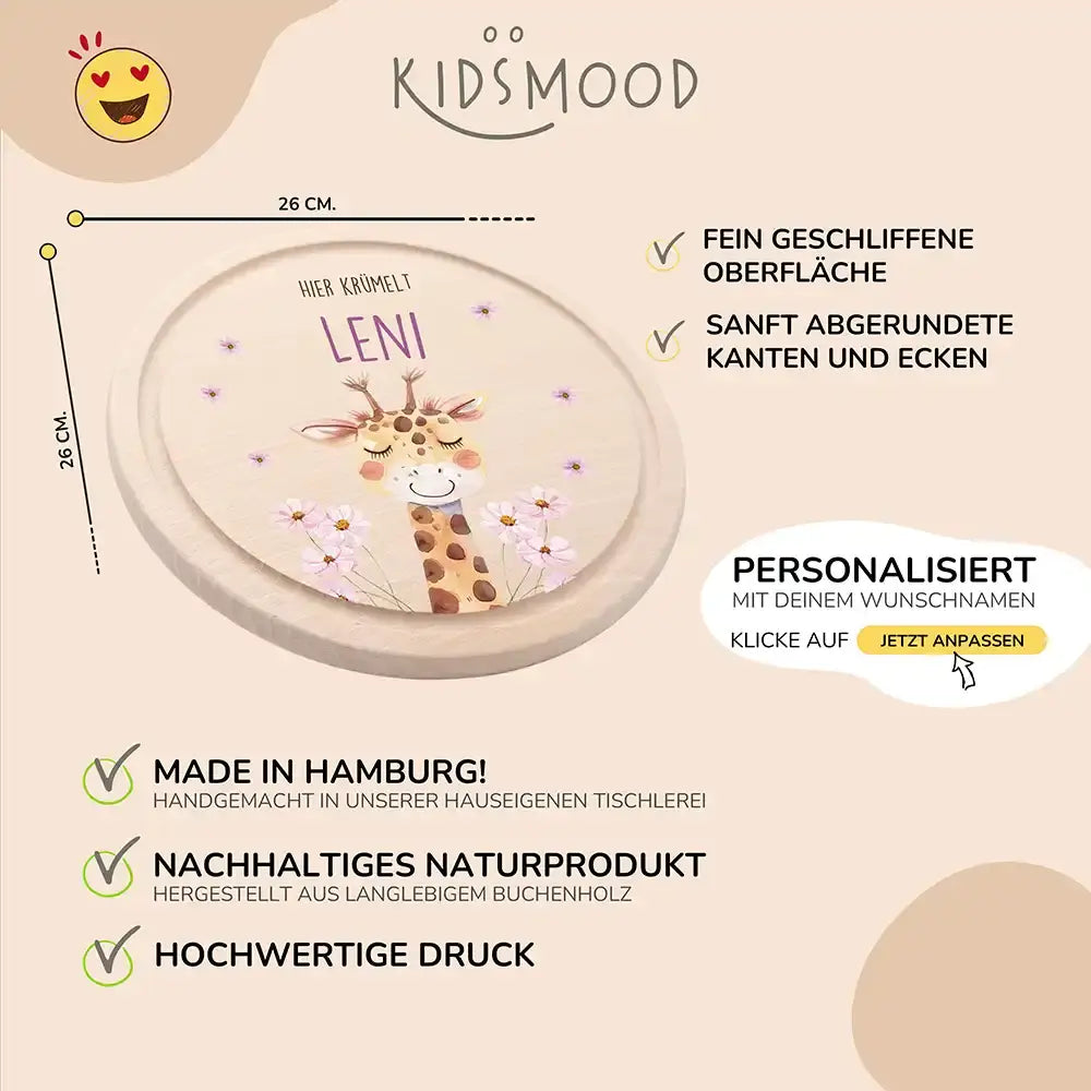 Rundes personalisiertes Frühstücksbrettchen Giraffe mit Namen für Kinder