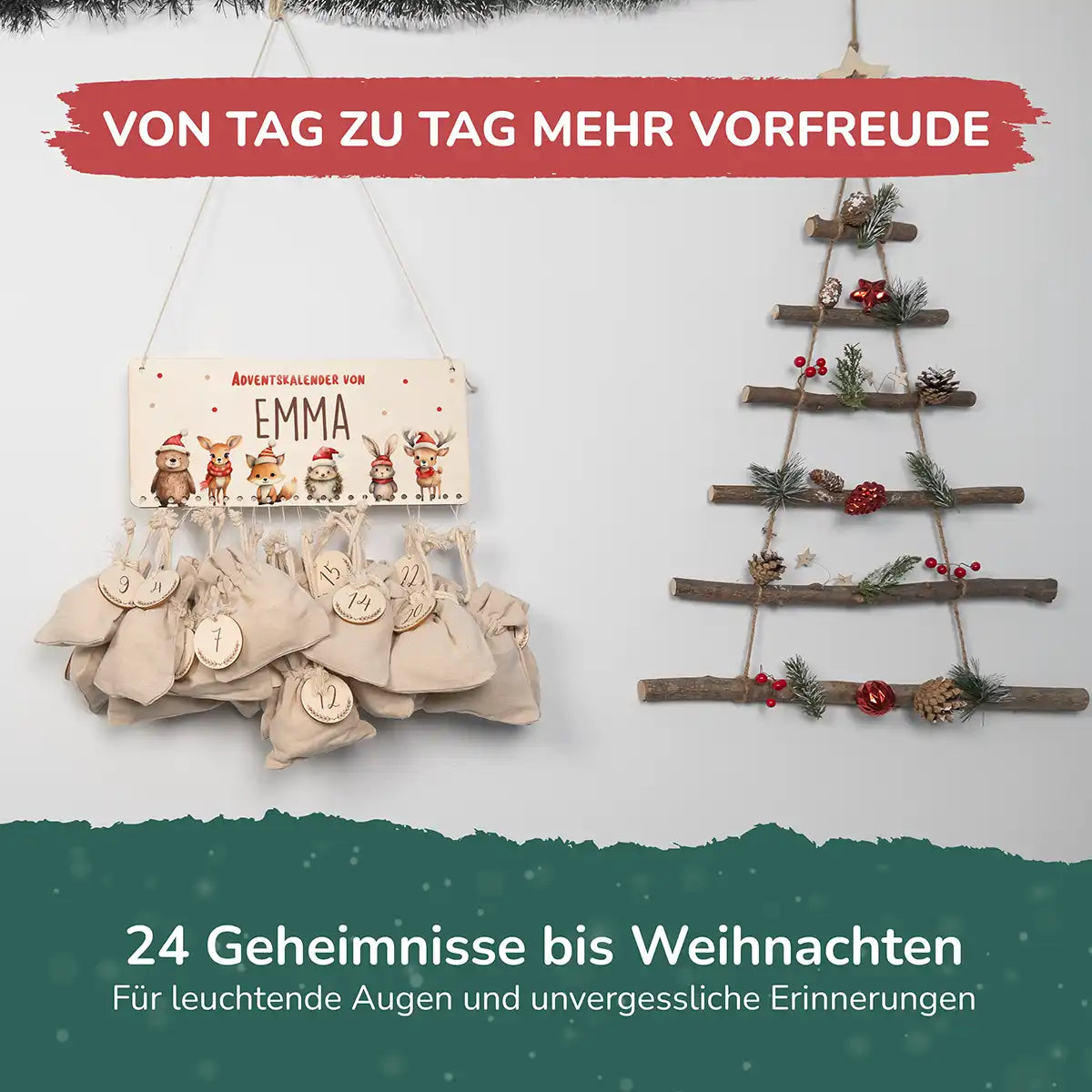 Personalisierbarer Adventskalender farbig - Winterliche Tierfamilie