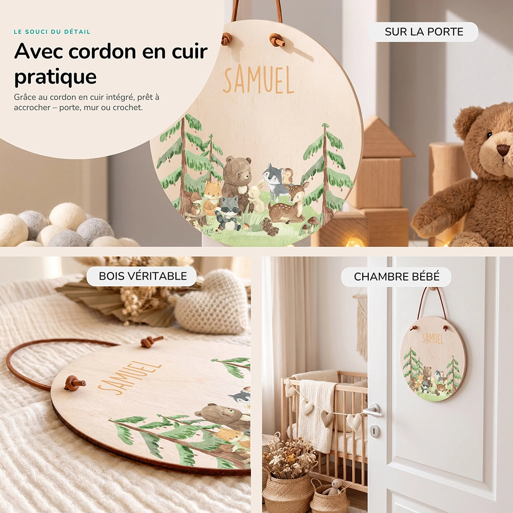Plaque de porte personnalisée, motif Amis de la forêt — Cordon en cuir et bois véritable | Kidsmood