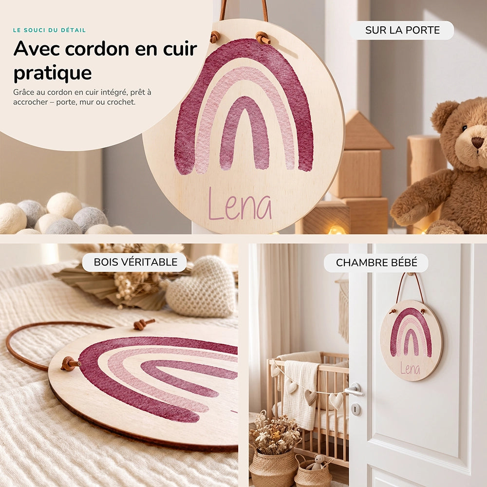Plaque de porte personnalisée, motif Arc-en-ciel — Cordon en cuir et bois véritable | Kidsmood