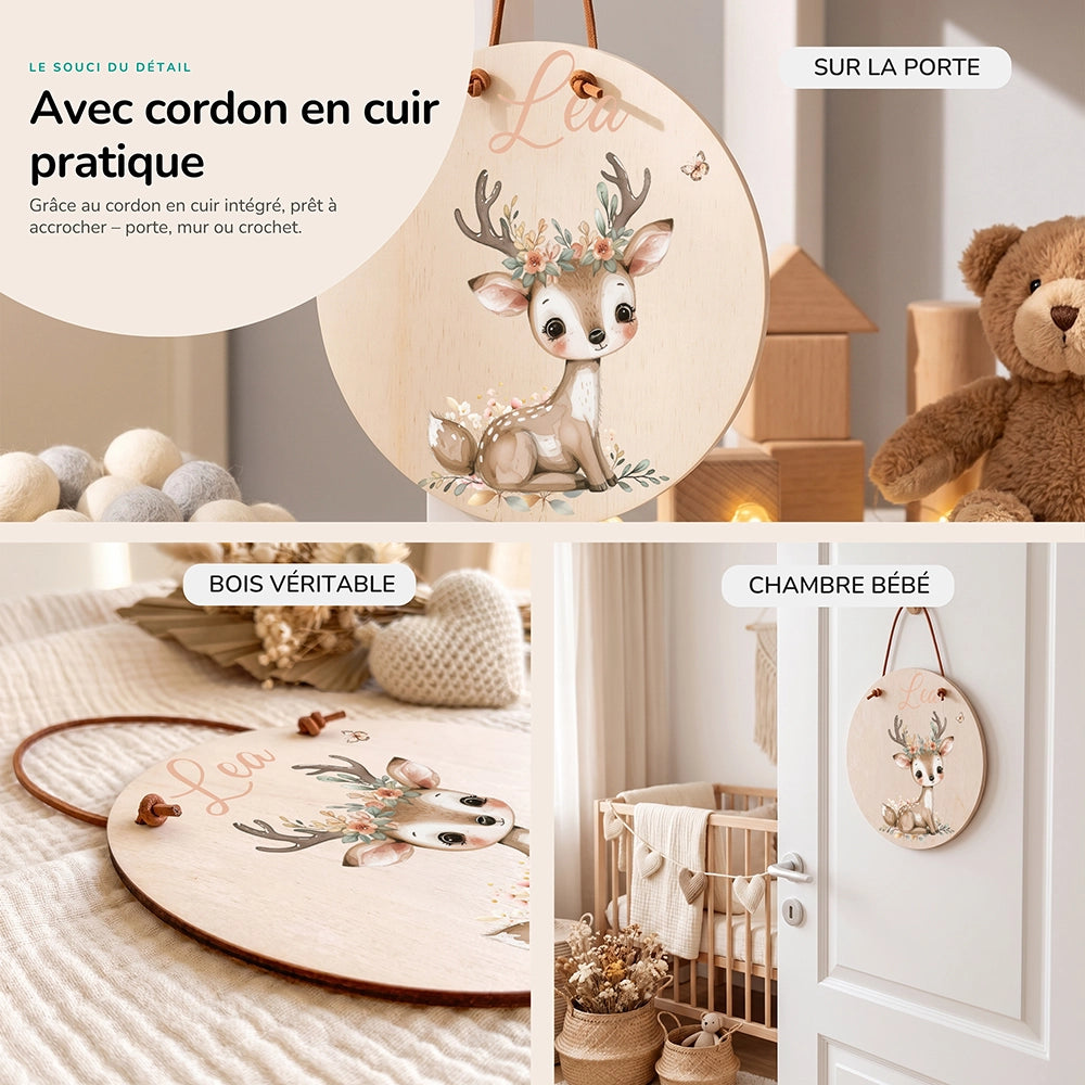 Plaque de porte personnalisée, motif Biche fleurie — Cordon en cuir et bois véritable | Kidsmood