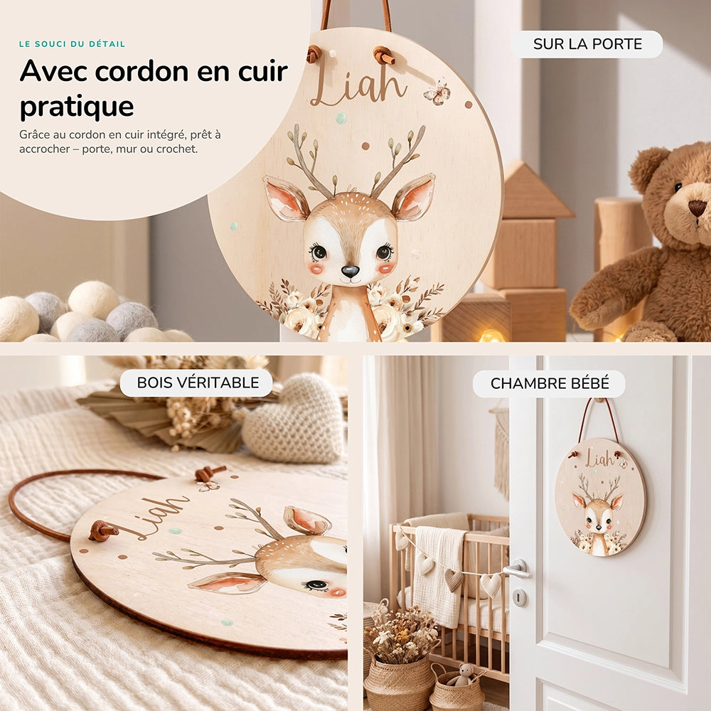 Plaque de porte personnalisée, motif Cerf et fleurs — Cordon en cuir et bois véritable | Kidsmood