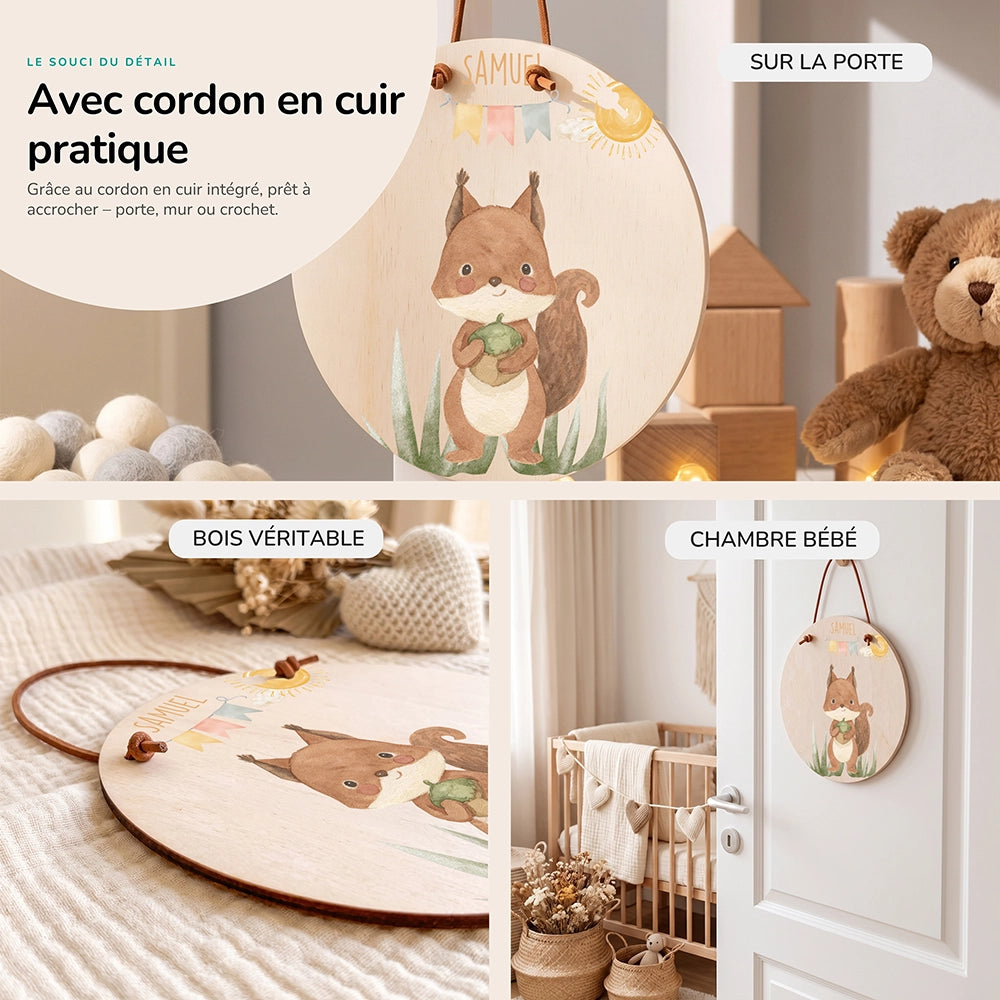 Plaque de porte personnalisée, motif Écureuil et fanions — Cordon en cuir et bois véritable | Kidsmood